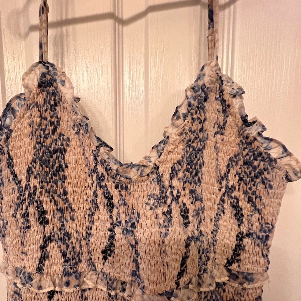 Karlie Rhea Blue & Cream Snake Print Smocked Ruffle Mini Dress, Size M - Picture 7 of 9